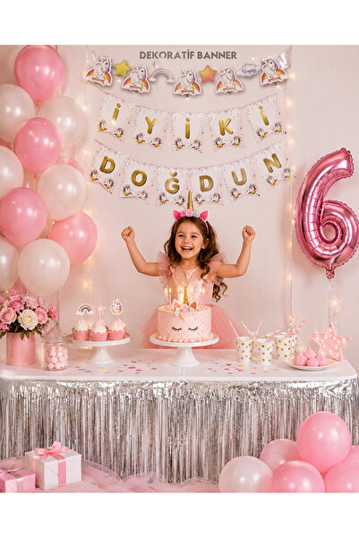 Dizayn Parti Evi 1-6 Yaş Unicorn Doğum Günü Süsleme Seti Pembe Beyaz Balonlu ...