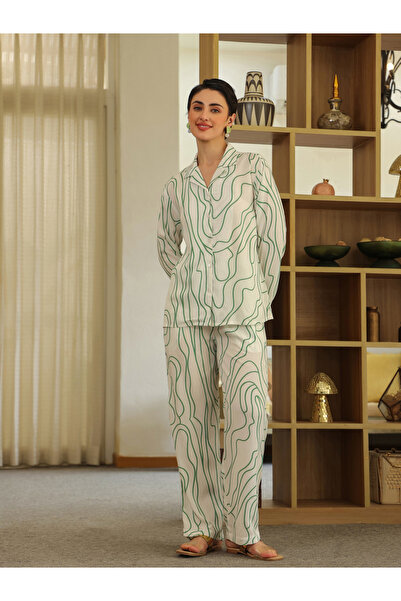 Sanskrutihomes By Styli White Printed Viscose Rayon Shirt and Pyjama Set