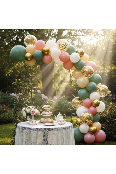 Isndare Set 35 Baloane Sage Green, Roz Pudrat și Auriu cu Confetti, 30 cm
