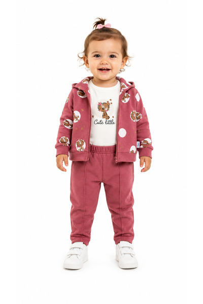 Chicsy Baby Kız Bebek Leopar Baskılı 3'lü Takım Kapüşonlu Fermuarlı Hırka Bod...