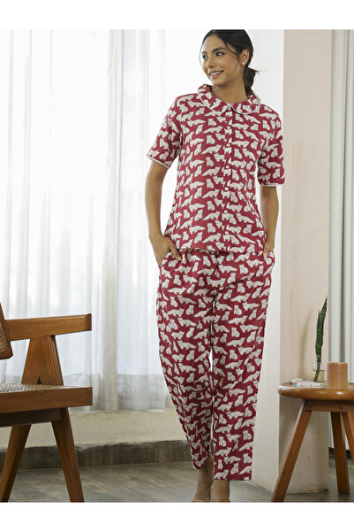 Sanskrutihomes By Styli Magenta Graphic Print Cotton Shirt and Pyjama Set