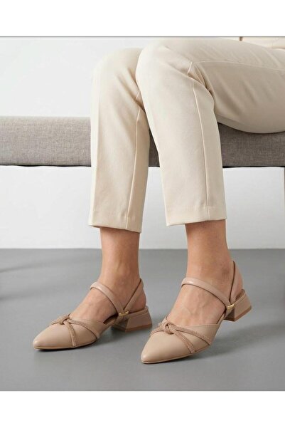 Lütfi Women's Beige Thick Heel Comfortable Fit Heeled Ballerina Shoes