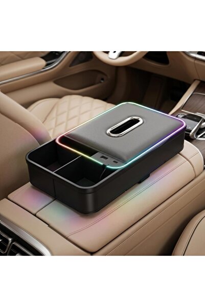 Auto Family FZE صندوق تخزين لمسند ذراع السيارة 8 في 1 مع إضاءة LED، وشاحن USB...