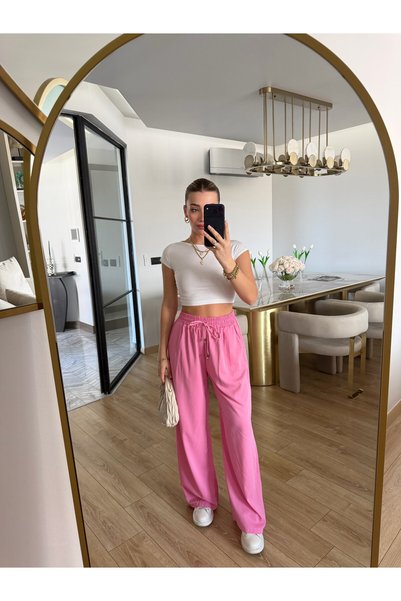 CKBUTİK Yüksekbel Beli Lastikli Palazzo Pantolon- Pembe