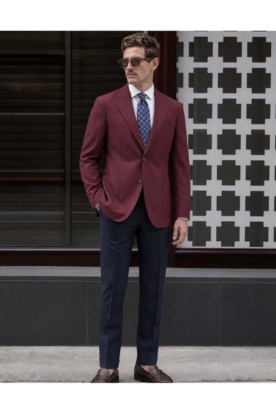 HC MEN CLASSIC Erkek Casual Ceket Modern Fit Bordo Balıksırtı Desenli