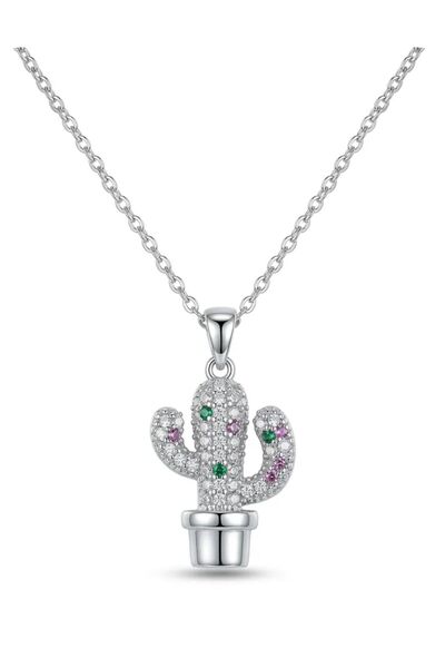 Mervişim Aksesuar 316L Steel Chain Silver Color Cactus Detailed Women's Necklace