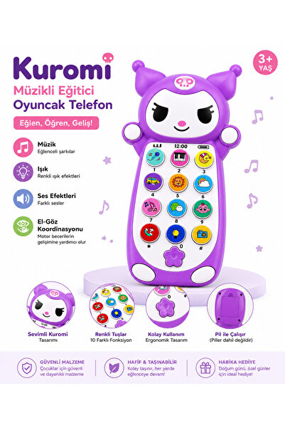 Prlk toys Kuromi Temalı Müzikli Eğitici Oyuncak Telefon mor