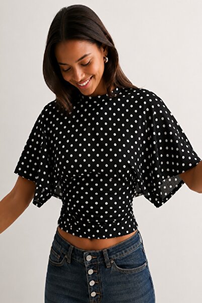 Cockatoo Qlay Polka Dot Women's Fitted Wide Sleeve Blouse - Soft Textured Sty...