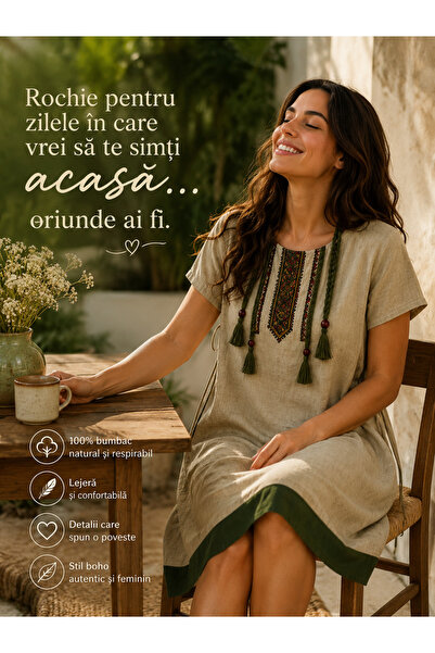SUPERMEMO Rochie Damă Boho Ethnic Linen Verde Olive – Freya Nature Collection