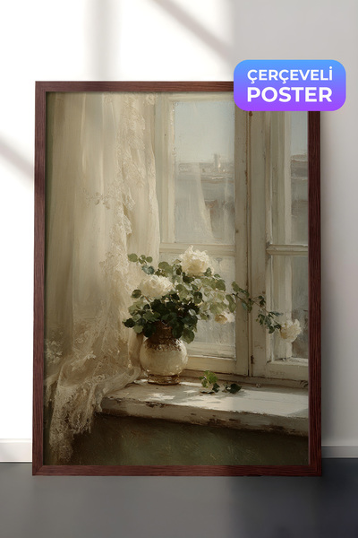 Zestia Vintage Duvar Tablosu, Pencere Önünde Çiçek Saksısı Kahverengi Çerçeve...