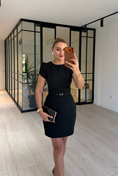 Sezgi Tekin Belted Tulip Sleeve Black Dress