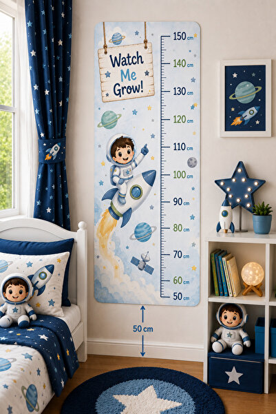 MaisonVelinCo Uzay Temalı Çocuk Boy Ölçer Duvar Stickerı Astronot ve Roket Ço...