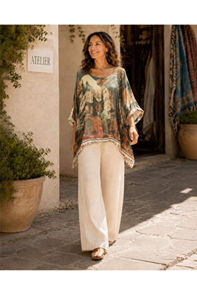 Miss Boheme Khaki Color Italian Silk Patterned Blouse