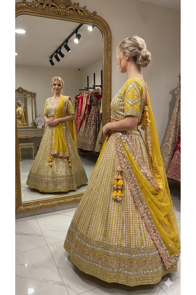 Aashiv's Collection Gelinlik Hint Lehenga Choli Takımı Sarı İşlemeli