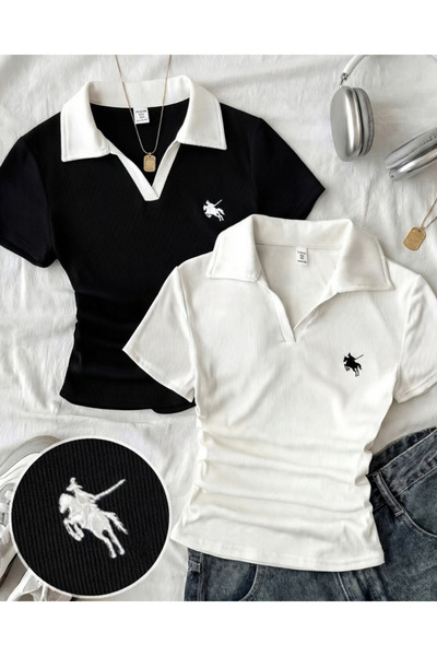 Toum 2'li Siyah & Beyaz Soul Polo Yaka Nakışlı Büzgülü Bluz