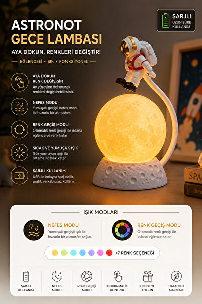 BENT Astronot Figürlü Ay Gece Lambası Uzay Temalı Dekoratif Masaüstü Aydınlat...
