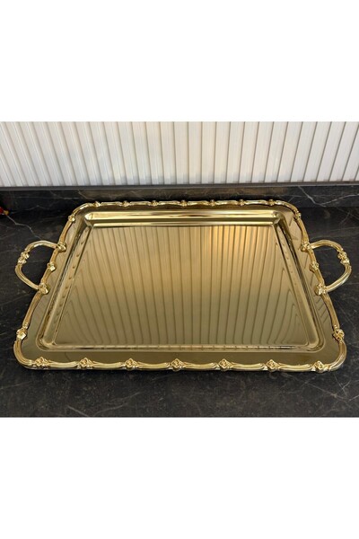 atabey home GÜL ÇERÇEVE KULPLU ÇAY TEPSİSİ FULL GOLD- DÖKÜM 44 CM DİKDÖRTGEN ...