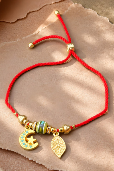 NBS Beautiful Naturel Stones سوار أحمر بتصميم القمر والنجمة مع مشبك، قابل للت...