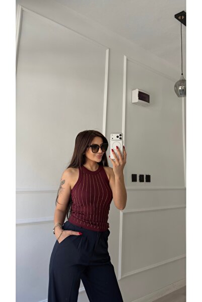 Daves Burgundy Stone Detailed Zero-Sleeve Blouse
