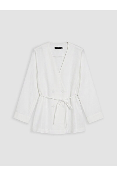 LC Waikiki White double-breasted collar belted women's linen jacket