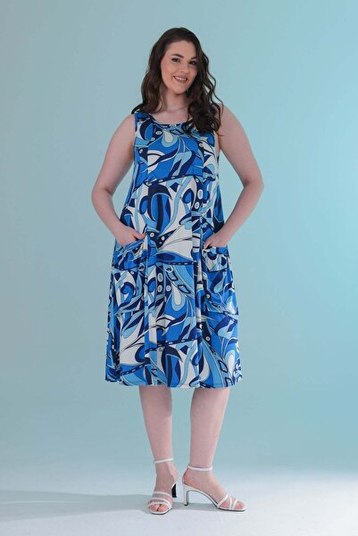 Madwilo Women's Blue and White Abstract Pattern Standard Size Sleeveless Dres...