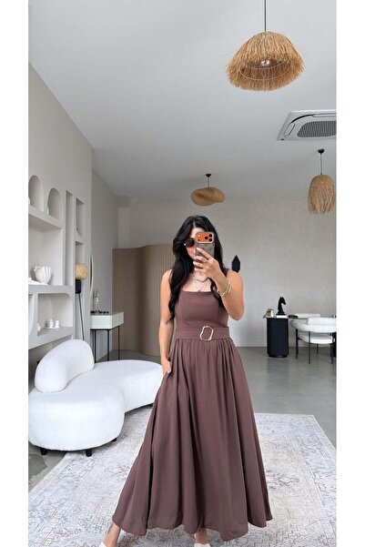 Buket Teke Brown Linen Gold Belted Square Neck Long Dress