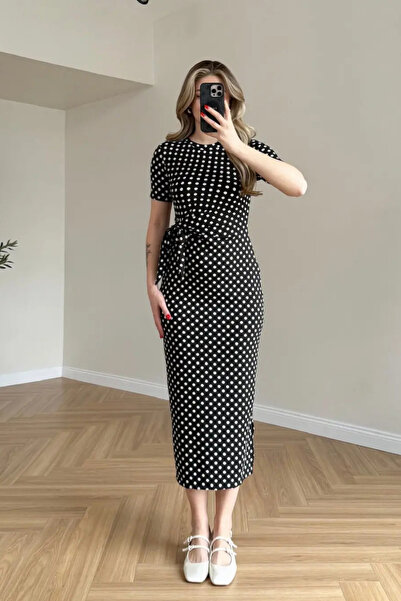 MİROR Women's Polka Dot Pattern Modal Fabric Side Tie Detail Slit Dress