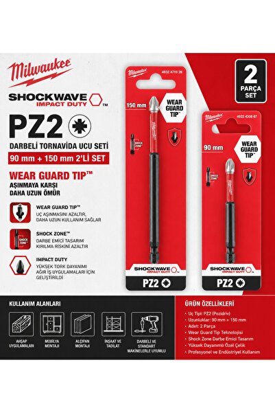 Milwaukee Shockwave PZ2 Pozidriv Darbeli Tornavida Ucu Seti 90 mm + 150 mm We...