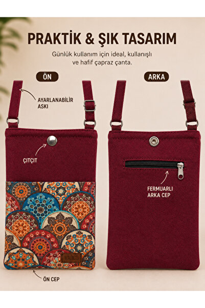 AKSESUARSEPETİ Handmade Phone Bag with Pockets, Ethnic Pattern, Adjustable Strap