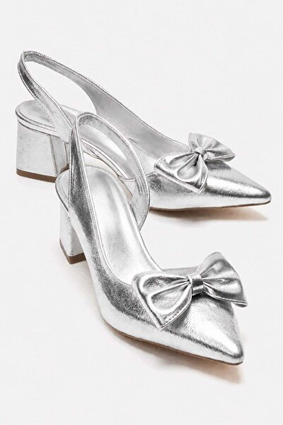 CCWAY AYAKKABI Women's Bow-Tie Side and Open-Back Heeled Sandals Silver Crinkled