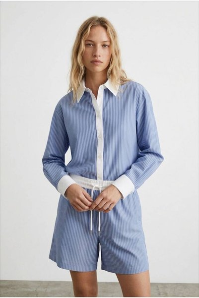 ABOUT US Relaxed Fit Contrast Collar Striped Shirt Shorts Set # 1860