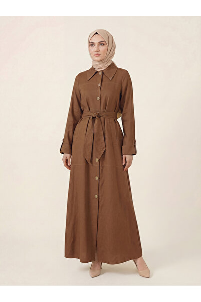Beyza Linen Shirt with Collar, Belt, Buttoned Pockets and Cuff Detail 9541-26...
