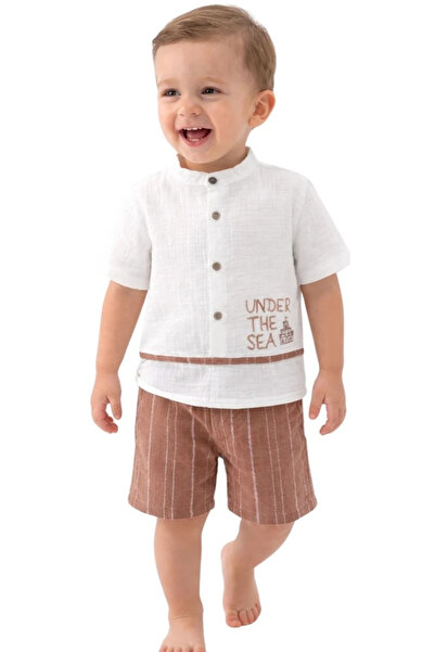 İrem Çocuk Giyim Baby Boy Hakim Collar Muslin Fabric Letter Patterned Light B...