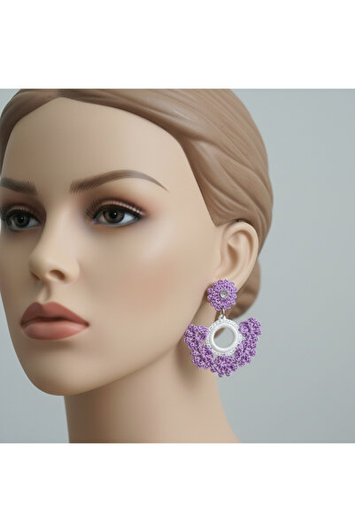 Pafuli Hand Knitted Ethnic Earrings with Flowers - Lilac - White