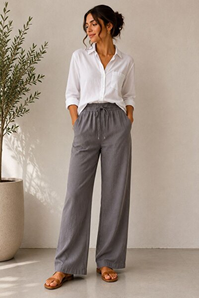ModaYaren Linen Mixed Loose Cut Waist-Tie Pants