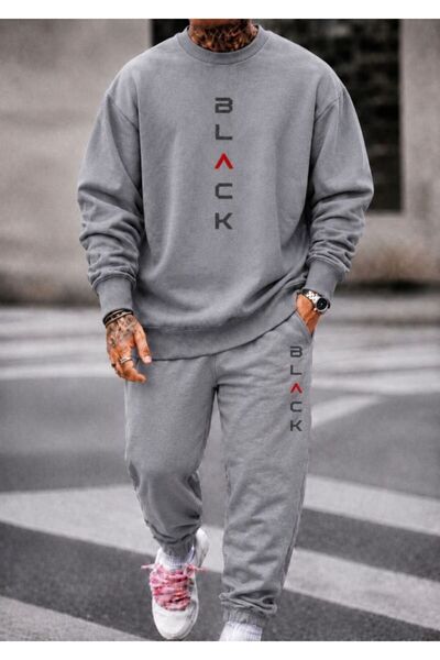 FAEL LİFE Unisex Wide Cut Zero Neck and Sweatpants Set with Black Print