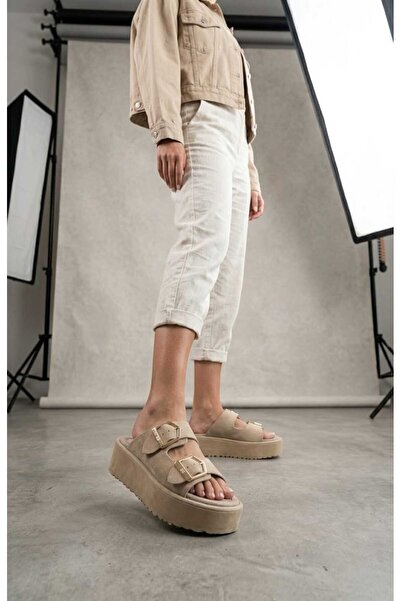 Melinta Shoes Melinta Bej Süet Çift Bantlı Kadın Terlik