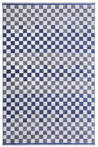 Pera Halı Mavi Beyaz Modern Geometrik Dama Desenli Yıkanabilir Halı - YO30035XF