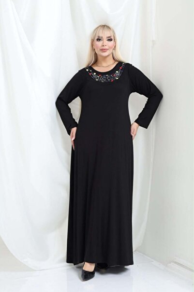 kısmet sepeti Women's Plus Size Black, Embroidered Collar Viscose Combed Cott...