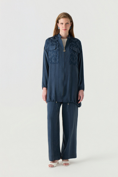 Zühre Zippered Pattern Detailed Drawstring Indigo Jacket 0188
