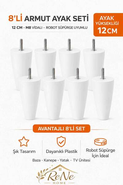 ReNe HOME Armut Mobilya Ayağı 8 Adet 12 cm (Beyaz) Robot Süpürgeye Uyumlu Kol...