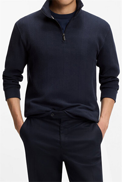 BOSS Structure 1/4 Zip Erkek Fermuarlı Sweatshirt Mavi