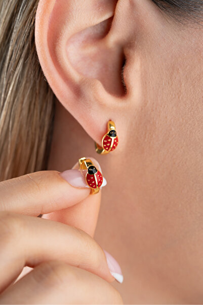 Silvano Jewelry 925 Ayar Gümüş Mineli Uğur Böceği Çocuk Küpe