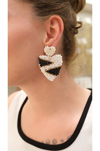 Jerie Beadwork Black and White Heart Earrings