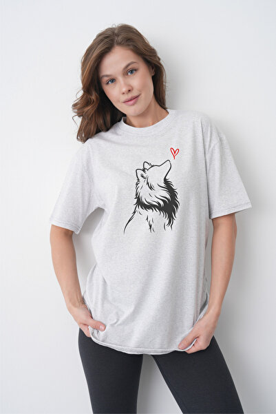TREND EMMODA Tricou gri cu gât rotund, cu imprimeu minimalist cu câine și ini...