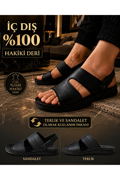 CookaShoes Cooka Shoes Erkek Siyah Hakiki Deri Sandalet Terlik – İç Dış %100 ...