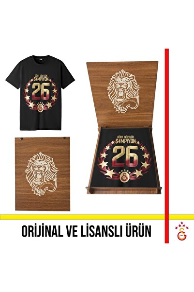 Galatasaray Lisanslı 2026 Şampiyonluğu Siyah T-Shirt Aslan Ahşap Kutulu