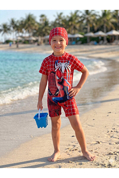 Fil Kids طقم ملابس سباحة للأولاد باللون الأحمر بأكمام قصيرة ونقشة عنكبوتية ون...