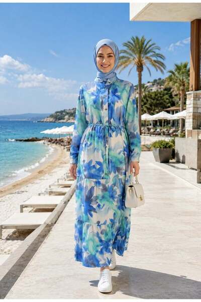 Hb Harma Time Butik Women's Buttoned Patterned Modal Fabric Blue Dress