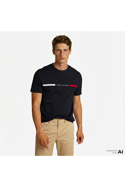 Tommy Hilfiger Erkek Göğsü Şerit Detaylı Bisiklet Yaka Kısa Kollu Mavi T-Shirt